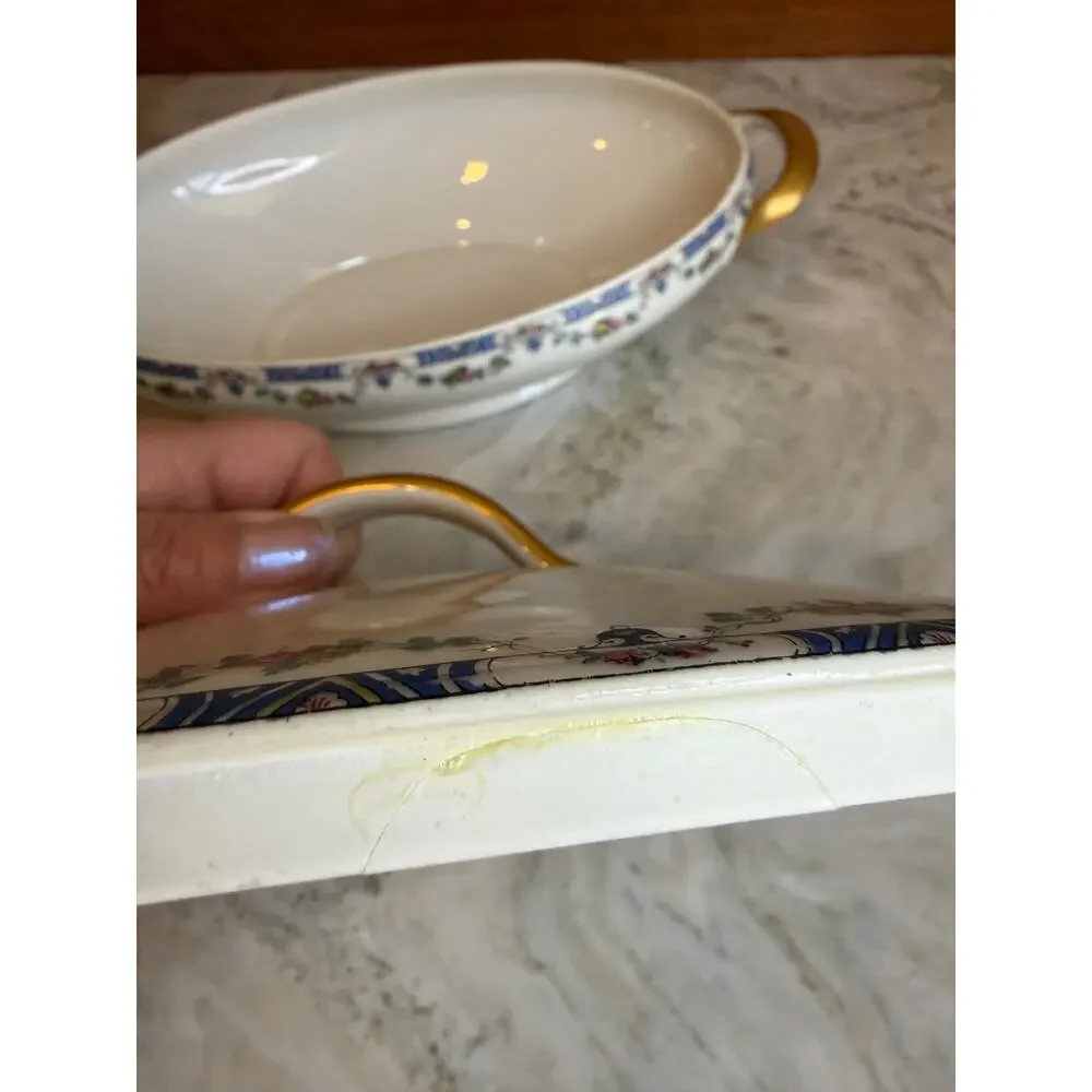 Vintage T&V Limoges France Oval Lidded Dish Blue Vine Pattern Gold Handles